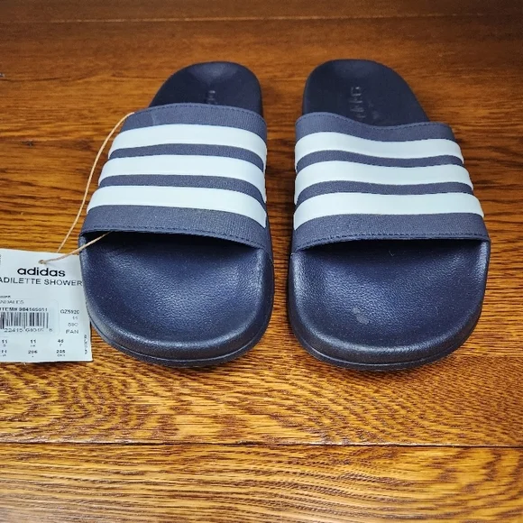 adidas Adilette Shower Slide Sandals - Navy with White Stripes - Picture 2 of 5